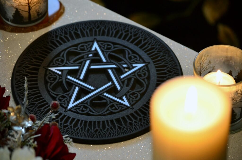 A mystical pentacle on a decorated altar under candlelight, symbolizing witchcraft practices.